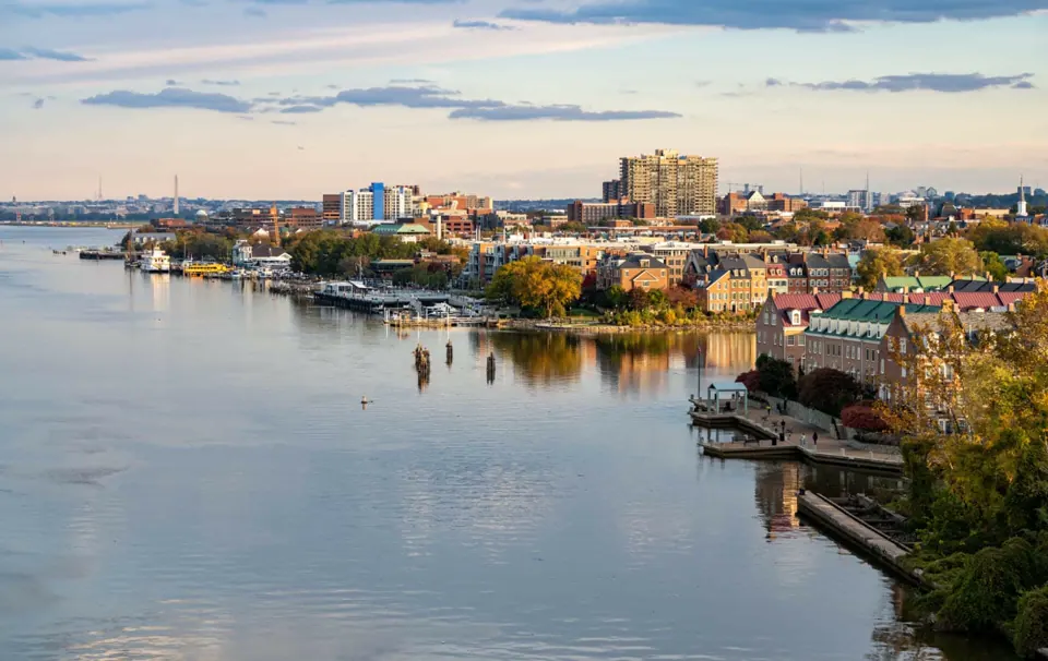 Wide view of the historic city of Alexandria and the waterfront property along the Potomac River in northern Virginia