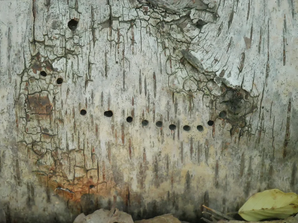 Tree bark showing characteristic small round exit holes created by emerging bark beetles