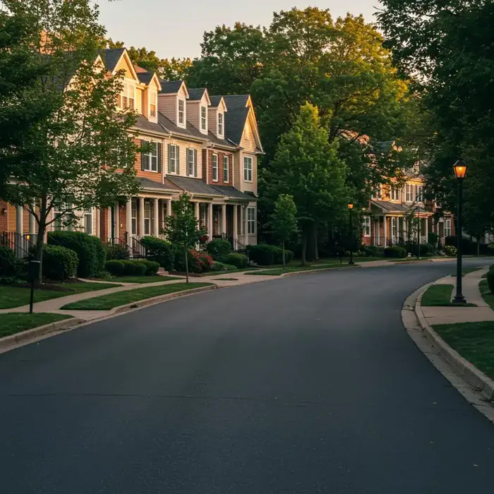 Suburban neighborhood houses at sunset