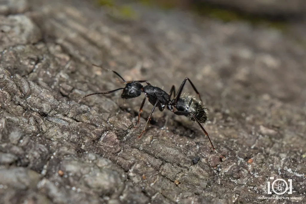 Eastern black carpenter ant on weathered wood, the species most common in Great Falls wooded properties