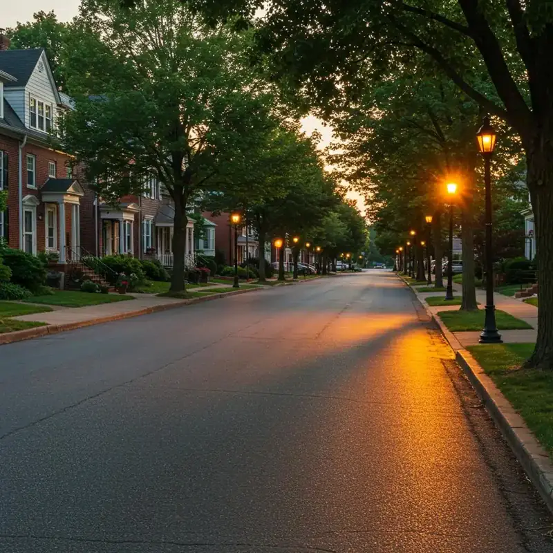 Quiet suburban street at dusk in College Park