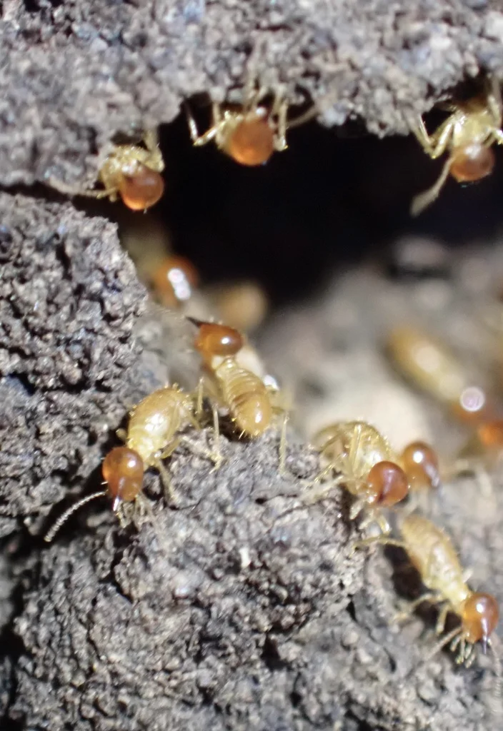 Multiple conehead termites emerging from nest opening showing soldiers and workers