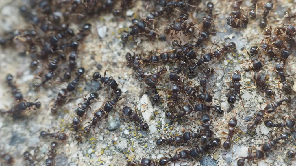 Trail of pavement ants moving across sandy soil beside a driveway in Crofton Maryland