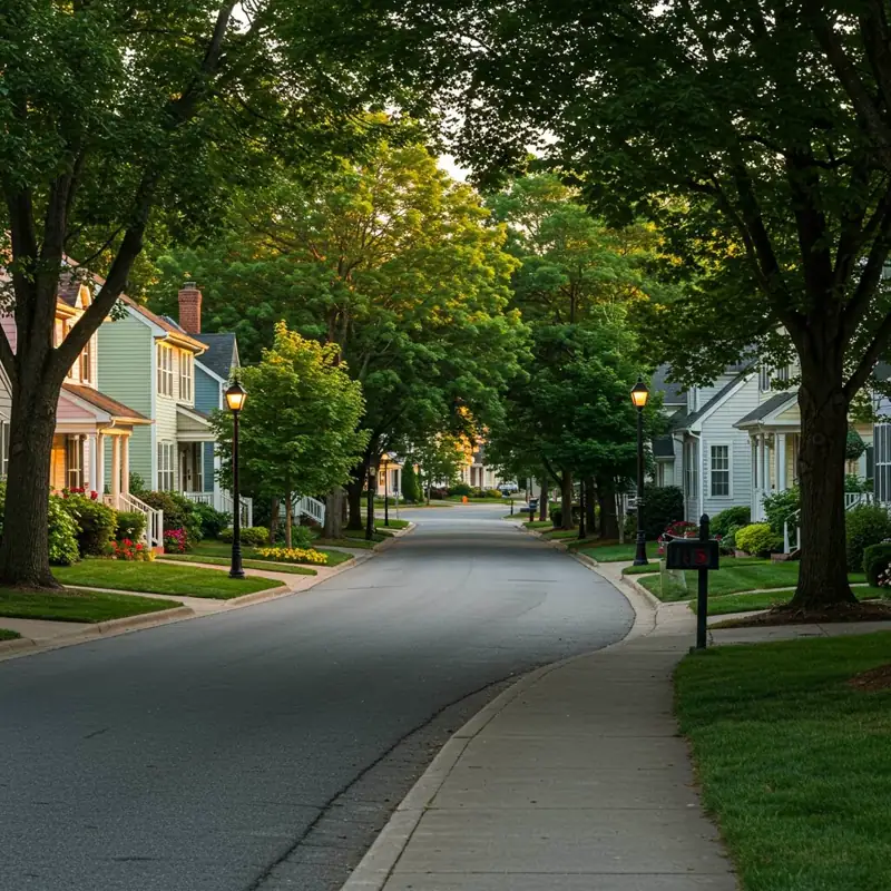 a picture of a neighborhood in herndon VA with trees and homes on both sides and shade from trees