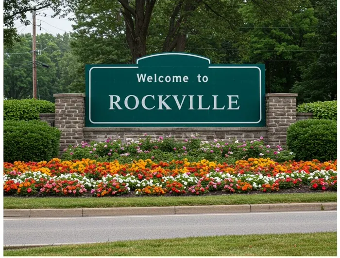 An Image of a sign surrounded by flowers with Welcome to Rockville written on it