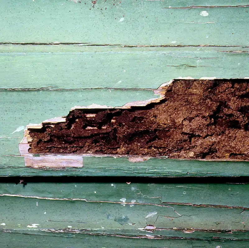 Termite damage visible on a wooden wall with eaten-through sections