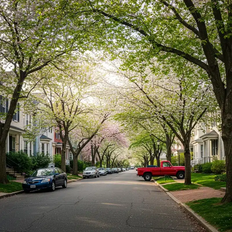 Tree-lined residential street in Virginia or Maryland