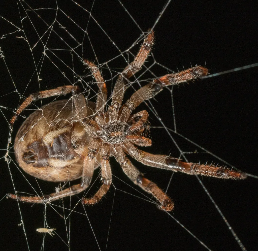 Brown orb weaver spider on web displaying typical body structure