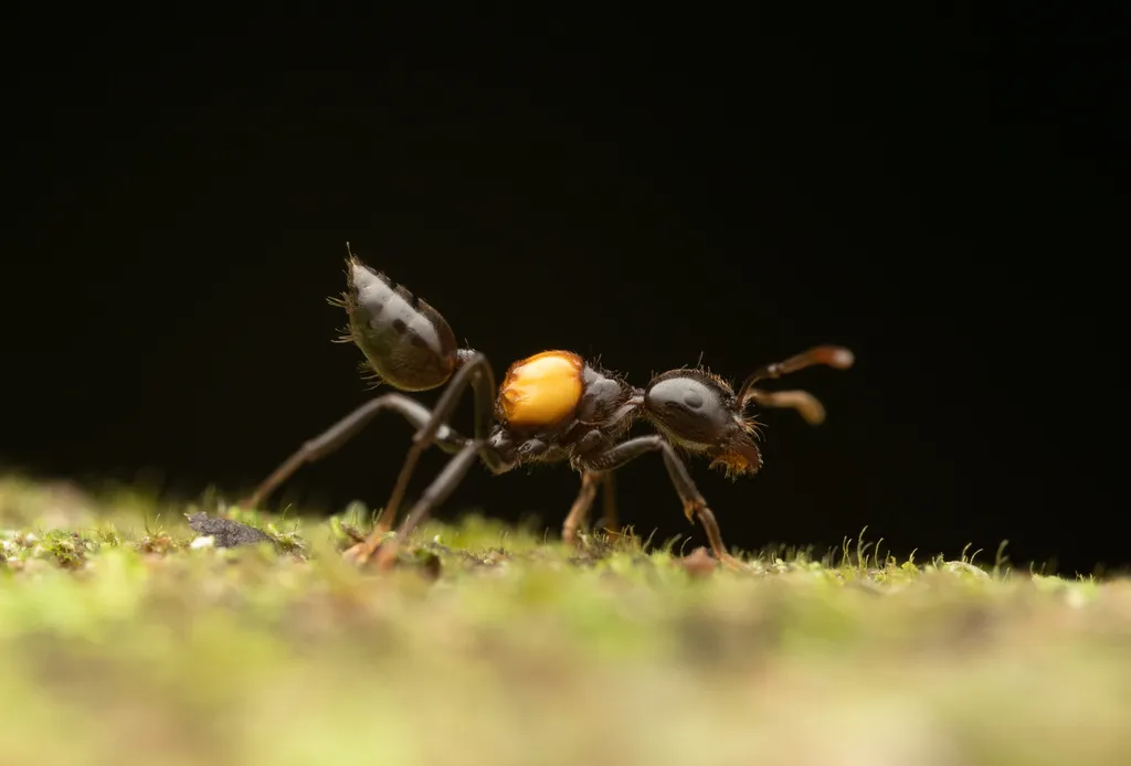 Side profile of a dark acrobat ant showing its characteristic raised abdomen posture