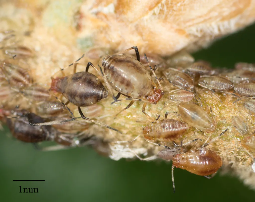 Group of aphids feeding on a fuzzy plant stem showing various life stages