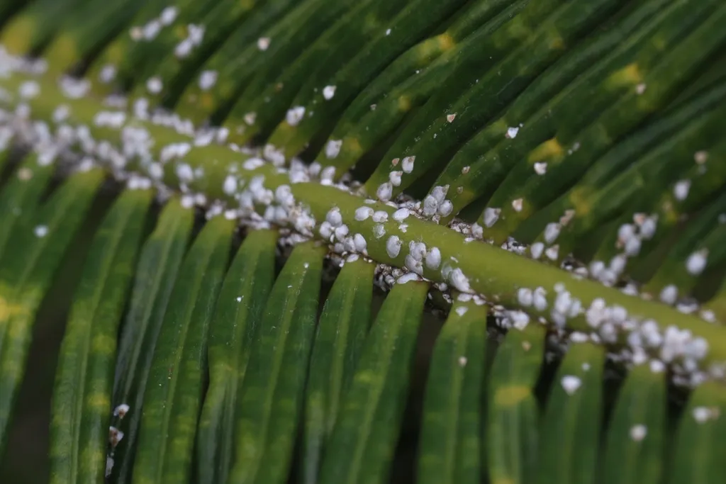 White armored scale insects lining the fronds of a palm plant
