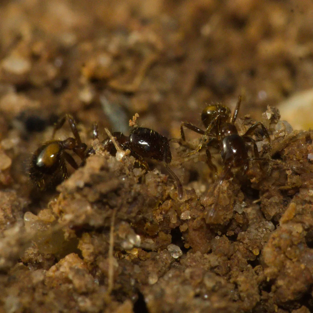 Multiple black imported fire ants on disturbed soil showing colony activity