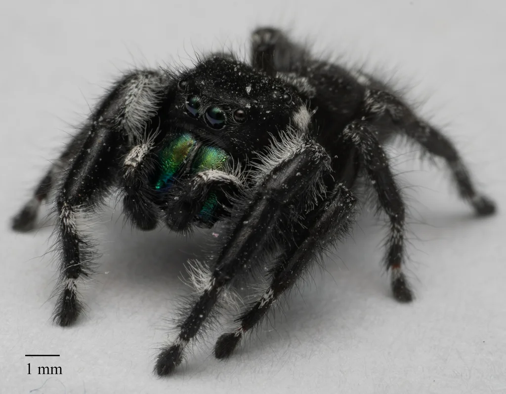 Black bold jumping spider with green iridescent mouthparts