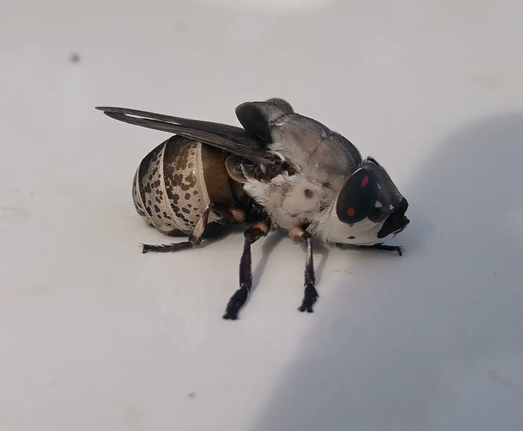 Cuterebra bot fly held on a fingertip showing its red eyes and stout black body
