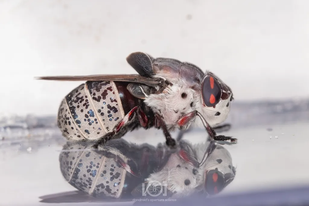 Cuterebra bot fly with distinctive spotted white and dark patterned body resting on a reflective surface