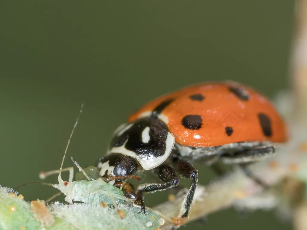 Close-up of a convergent lady beetle eating aphids, showing the two slanted white lines behind its head