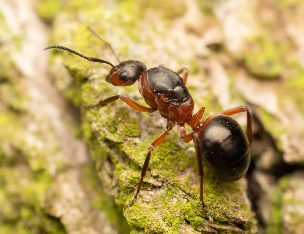Field ant foraging on tree bark in its natural habitat