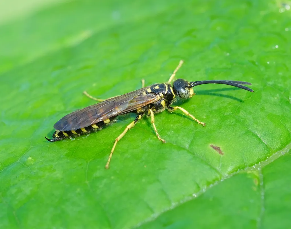 Five-banded thynnid wasp resting on a green leaf displaying its five pale abdominal bands and dark wings