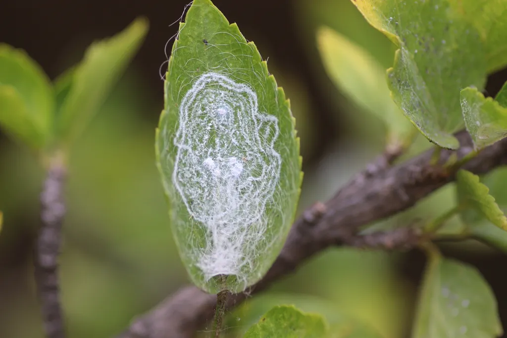 Leaf covered with long white waxy filaments produced by giant whitefly nymphs