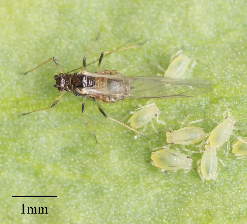 Winged alate form of green peach aphid next to wingless nymphs on a leaf