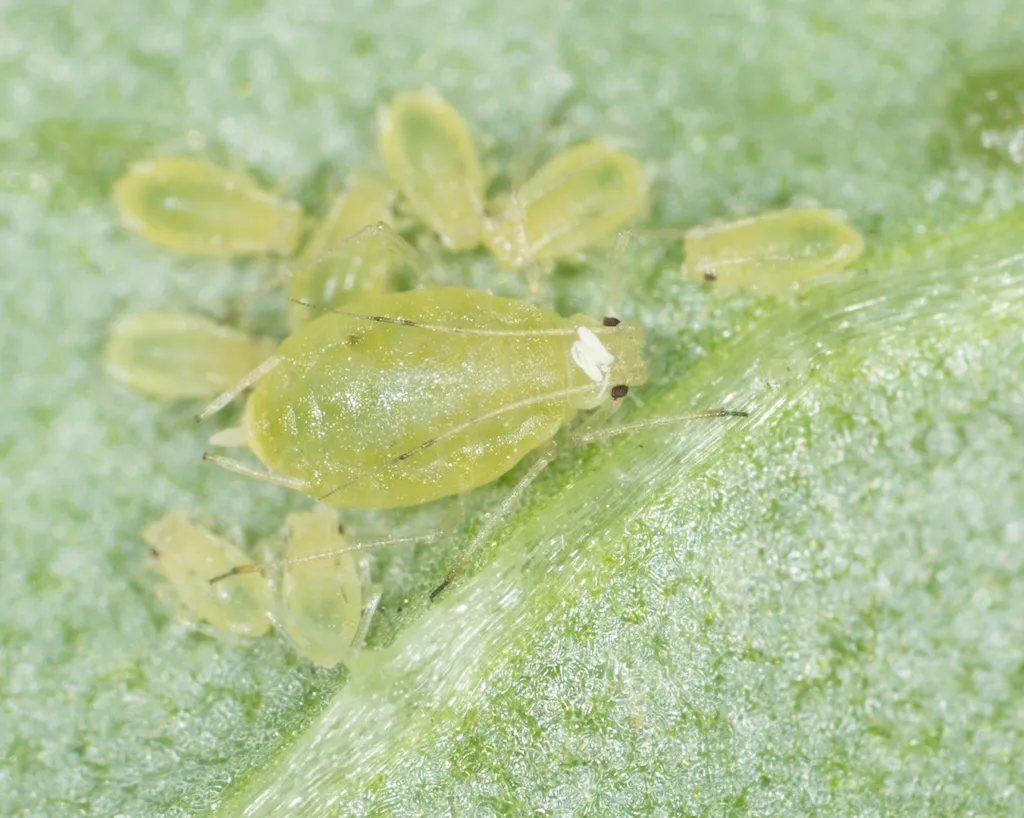 Colony of green peach aphids clustered on a leaf surface