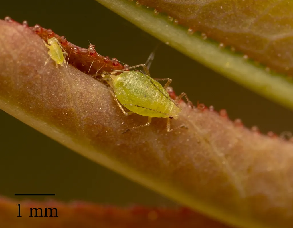 Green peach aphid feeding on a plant stem alongside other aphids