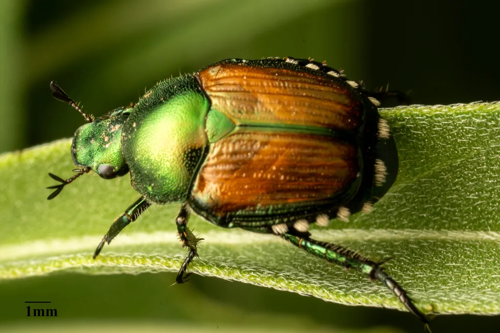 Adult Japanese beetle showing metallic green and copper coloring