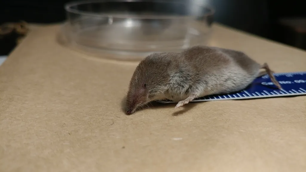 Side profile of a least shrew showing its pointed snout and short tail