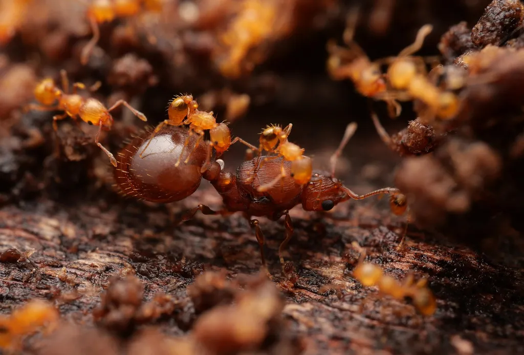 Multiple little fire ants in a colony showing their small size and swarming behavior