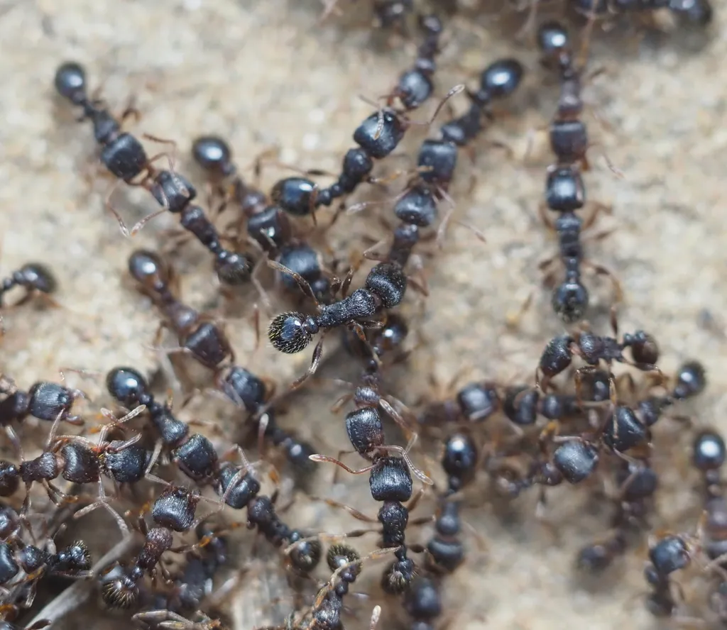 Group of pavement ants engaged in territorial battle on concrete