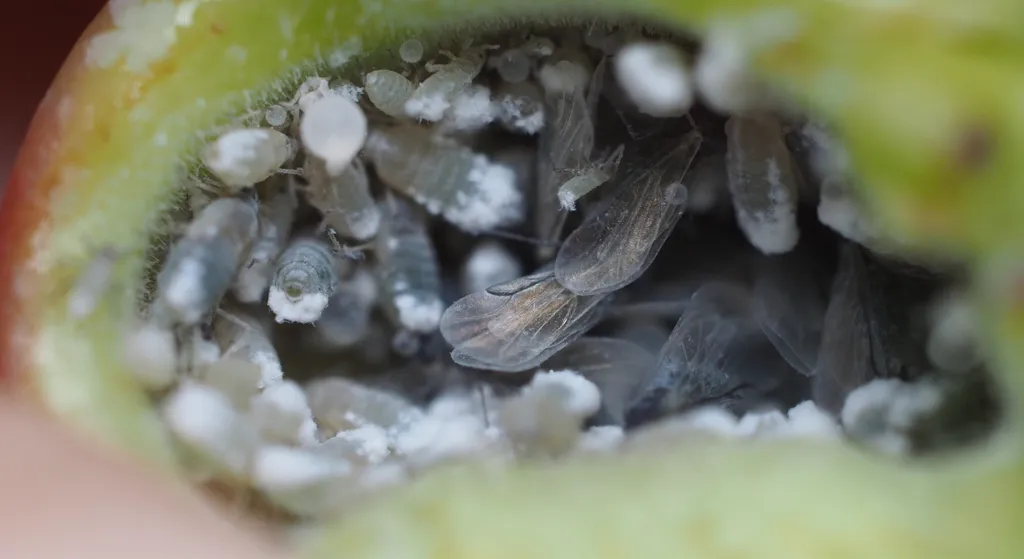 Root aphid colony inside a leaf gall showing dense cluster of pale nymphs
