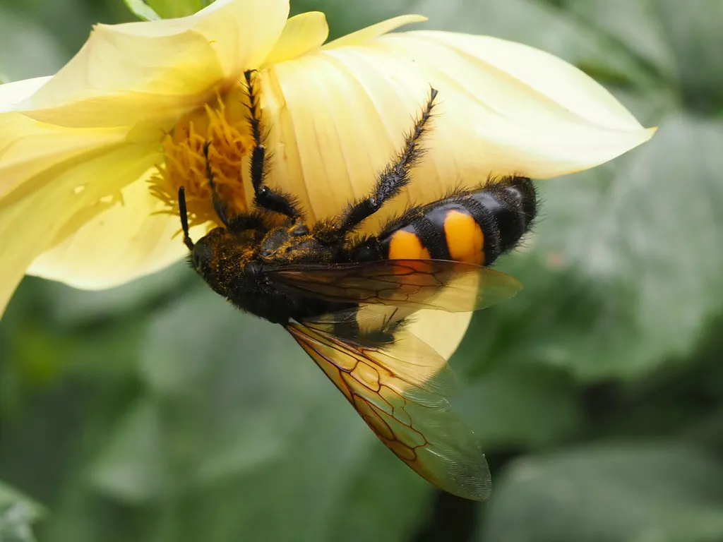 Banded scoliid wasp species with yellow and black stripes on a yellow flower