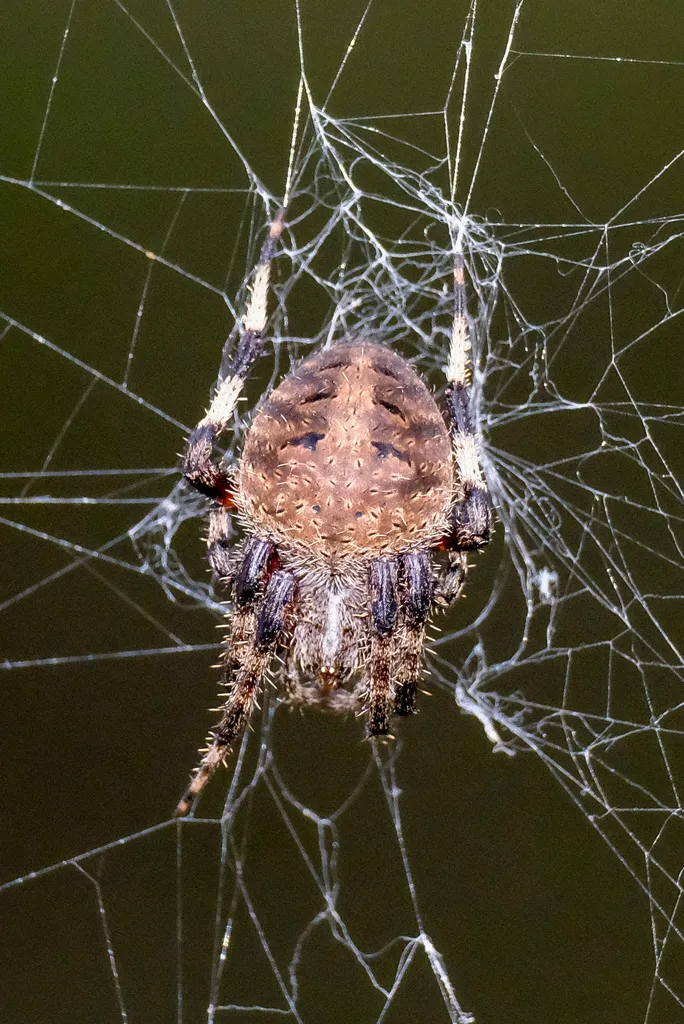 Spotted orbweaver spider sitting in the center of its web