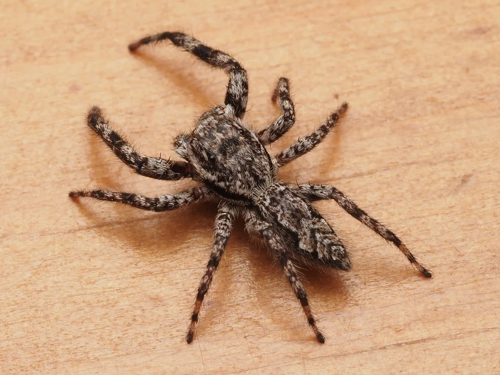 Tan jumping spider on wooden surface showing mottled camouflage coloration and banded legs