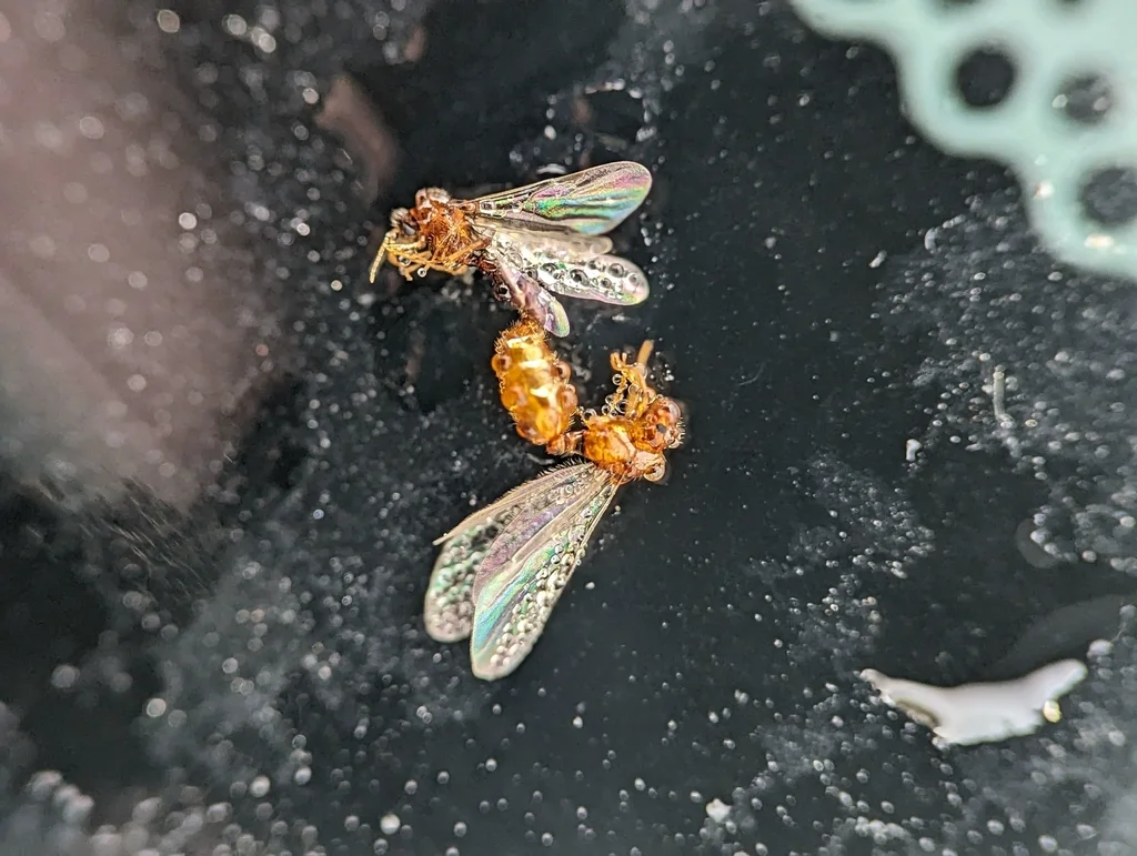 Thief ant reproductives with wings extended preparing for nuptial flight