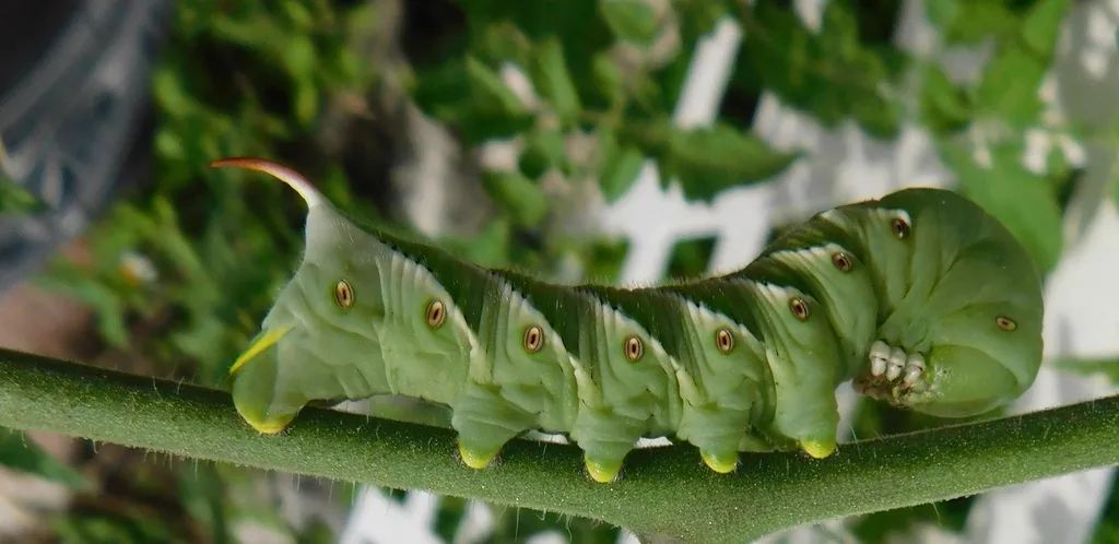 Side view of tobacco hornworm showing white diagonal stripes and green coloration