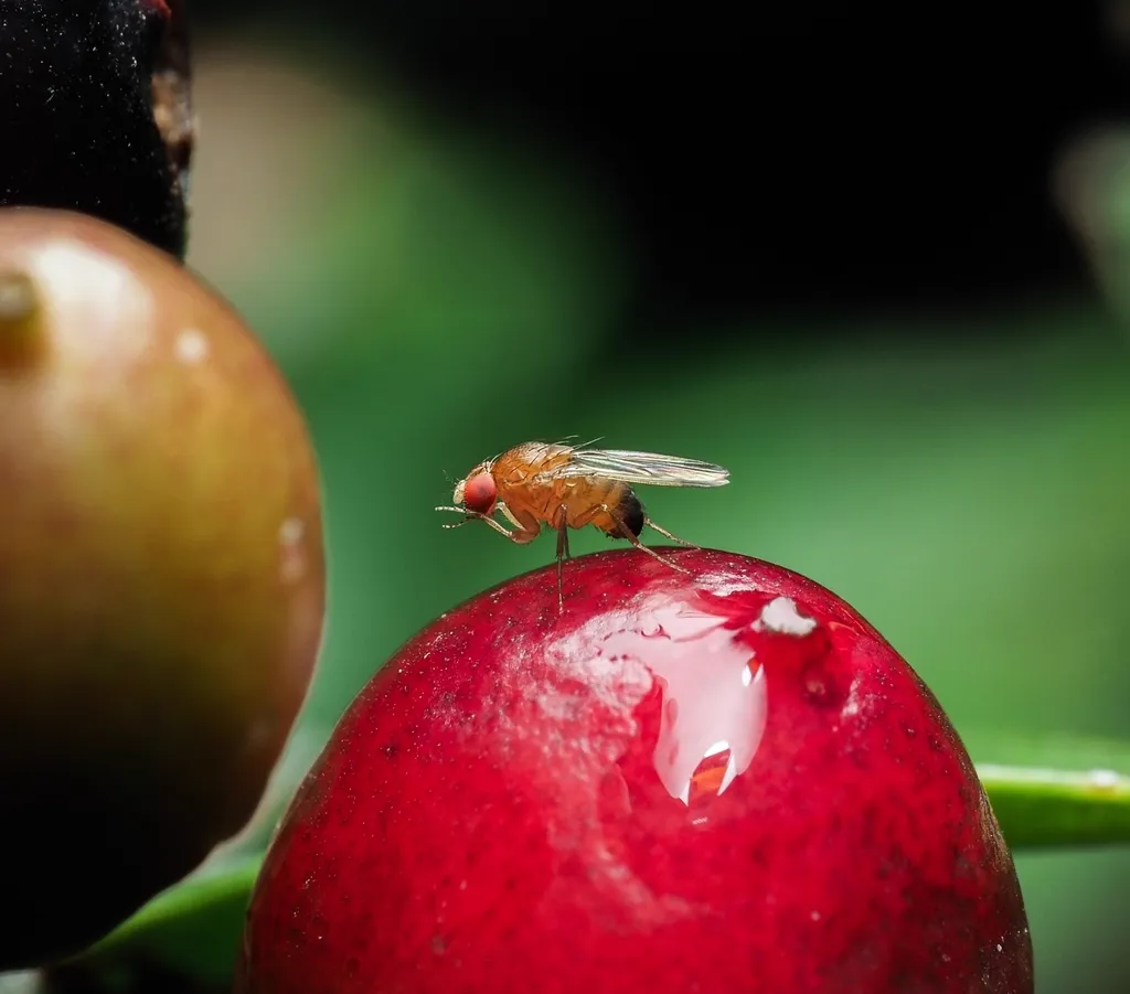 Vinegar fly on a red cherry demonstrating typical feeding behavior on ripening fruit