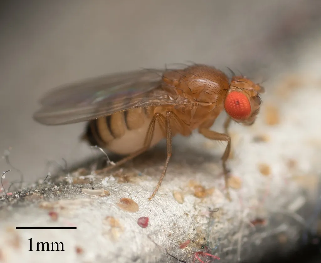 Side profile of a vinegar fly with 1mm scale bar showing actual size