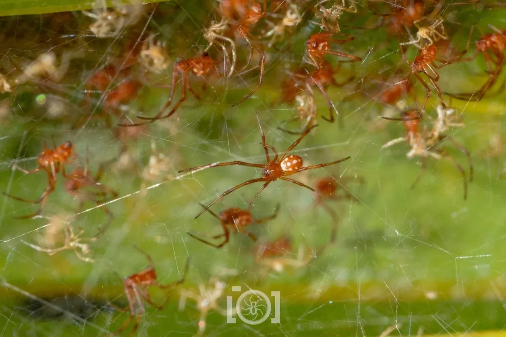 Red widow spiderlings emerging in a tangle web among vegetation
