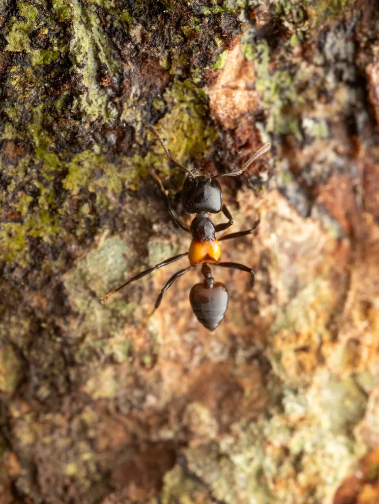 Acrobat ant on mossy tree bark, a species that nests in damaged limbs of Rockville Maryland shade trees