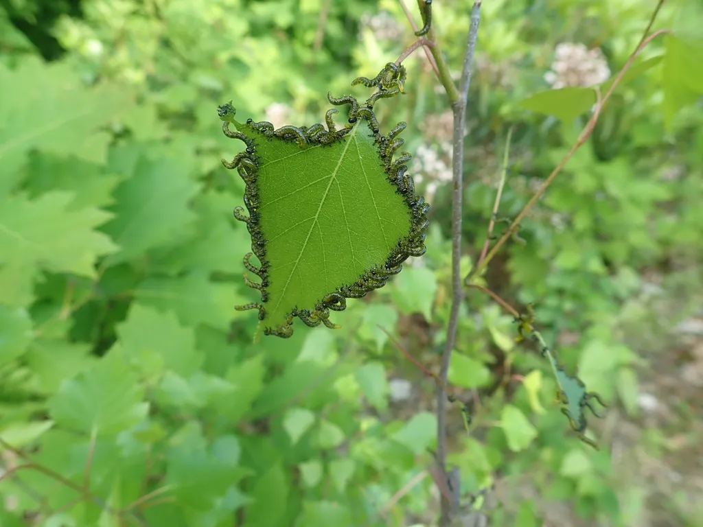 Group of sawfly larvae feeding along the edge of a leaf