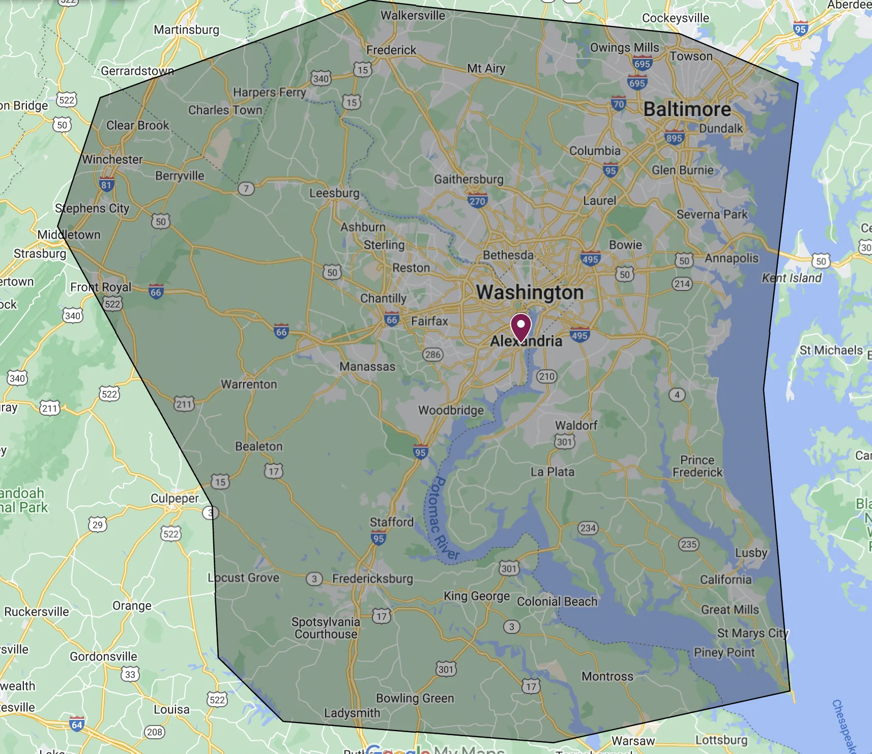 Service area map showing Virginia, Maryland, and DC