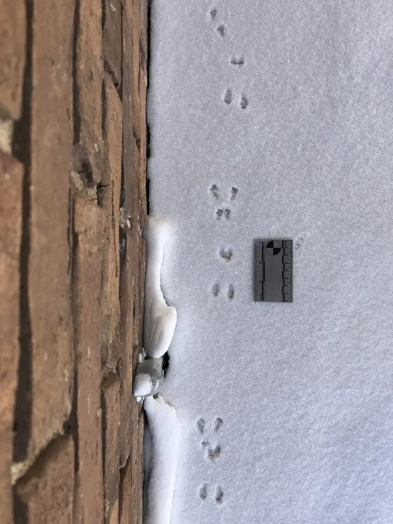 House mouse tracks in snow along a brick foundation wall at a Silver Spring, Maryland home