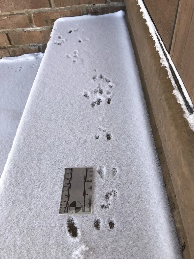 House mouse tracks in fresh snow on brick steps at a Silver Spring, Maryland home after a cold night