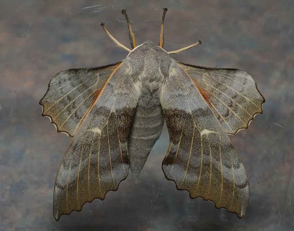 Blinded sphinx moth showing scalloped brown and tan wing edges with subtle orange hindwing patches