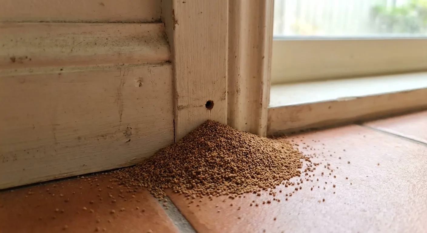 Kick-out hole in wooden door frame with cone-shaped pile of termite pellets below