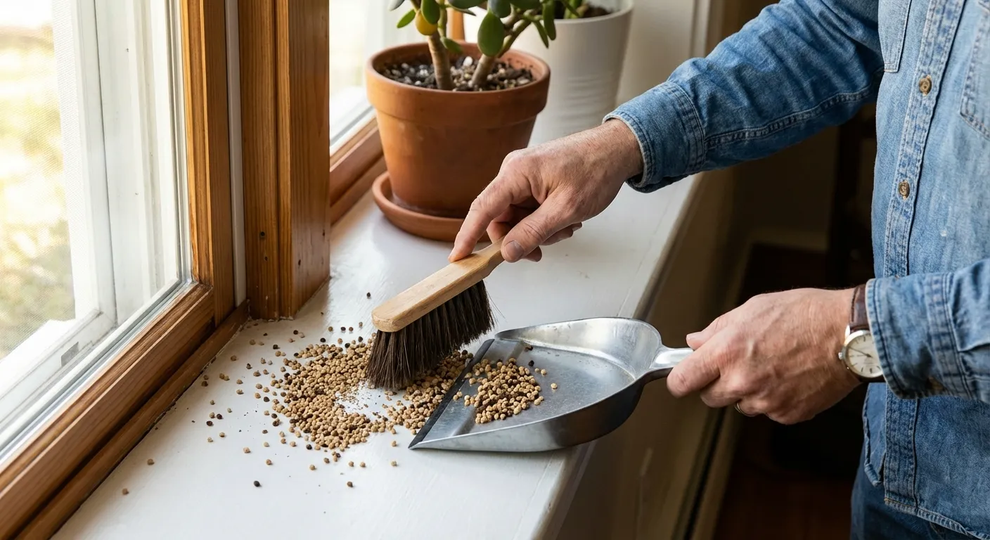 Homeowner sweeping up termite pellets from a windowsill with a brush and dustpan