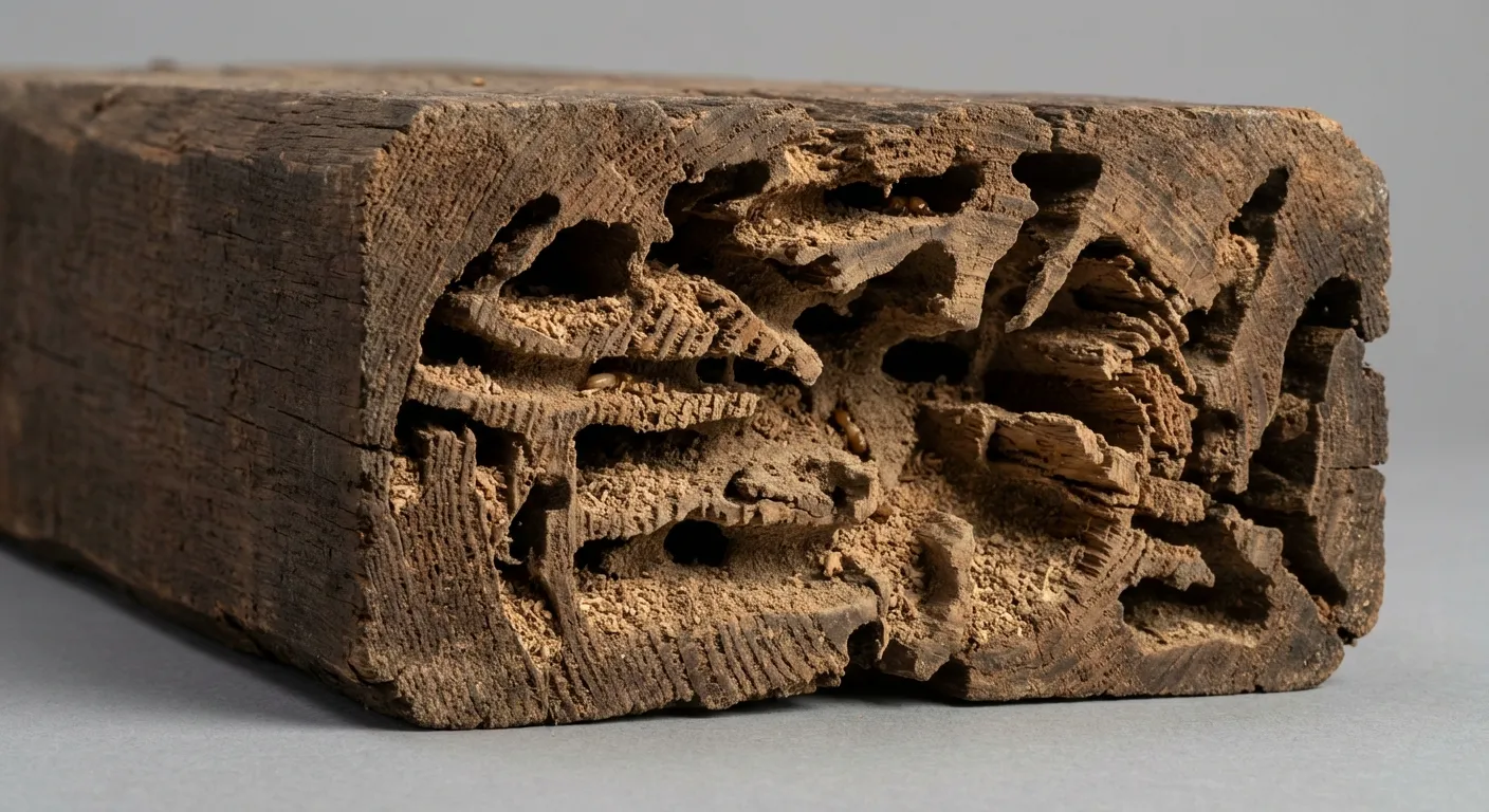 Cross-section of wooden beam showing extensive internal termite gallery damage