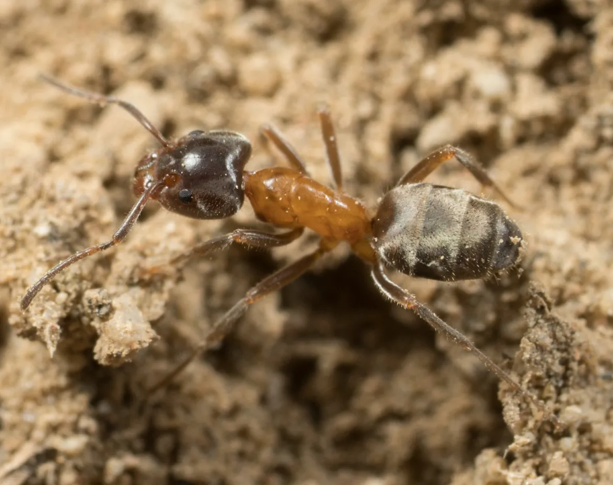 Velvety tree ant worker carrying prey showing the characteristic color pattern
