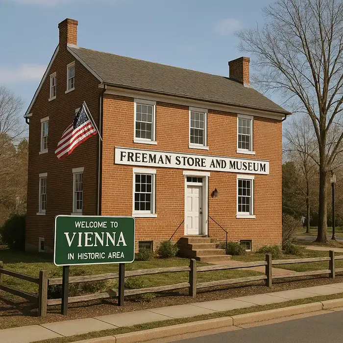 Brick building with a sign reading "Freeman Store and Museum" and an American flag, next to a green sign that says "Welcome to Vienna in Historic Area."
